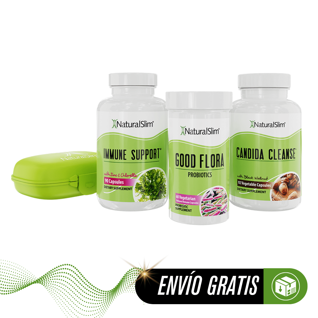 Three supplement bottles labeled 'Immune Support', 'Good Flora', and 'Candida Cleanse' with a green case on a white background.
